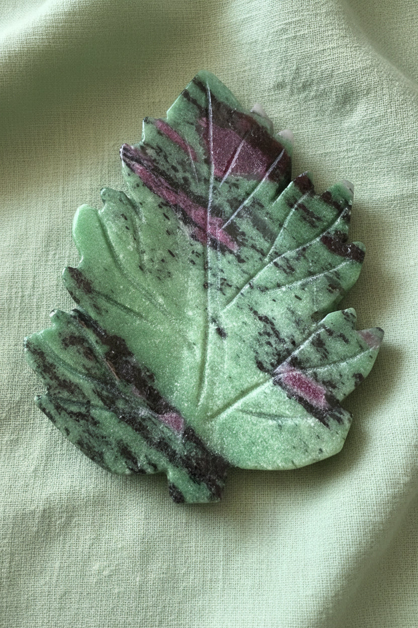 Ruby in Zoisite carved leaf bowl / slab, green zoisite, with the pink and red ruby 