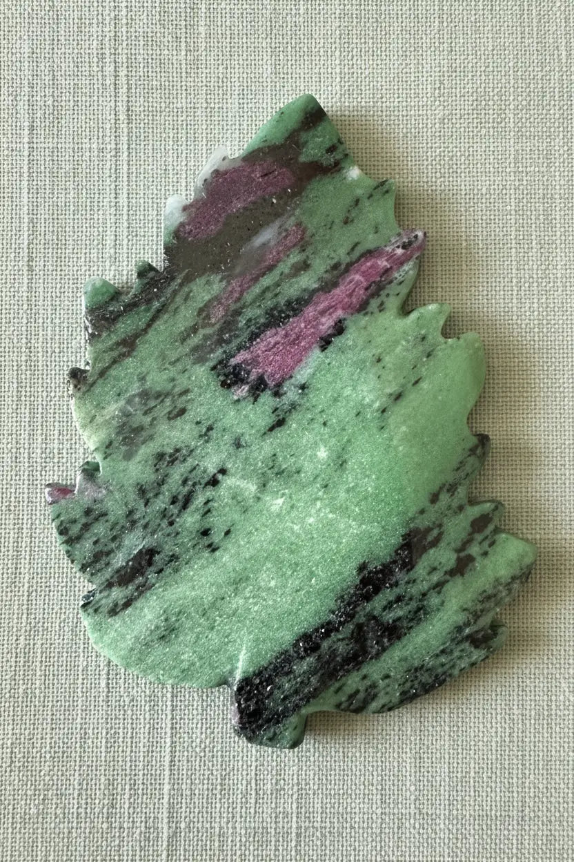 Ruby Zoisite carved leaf slab back side with green and red tones