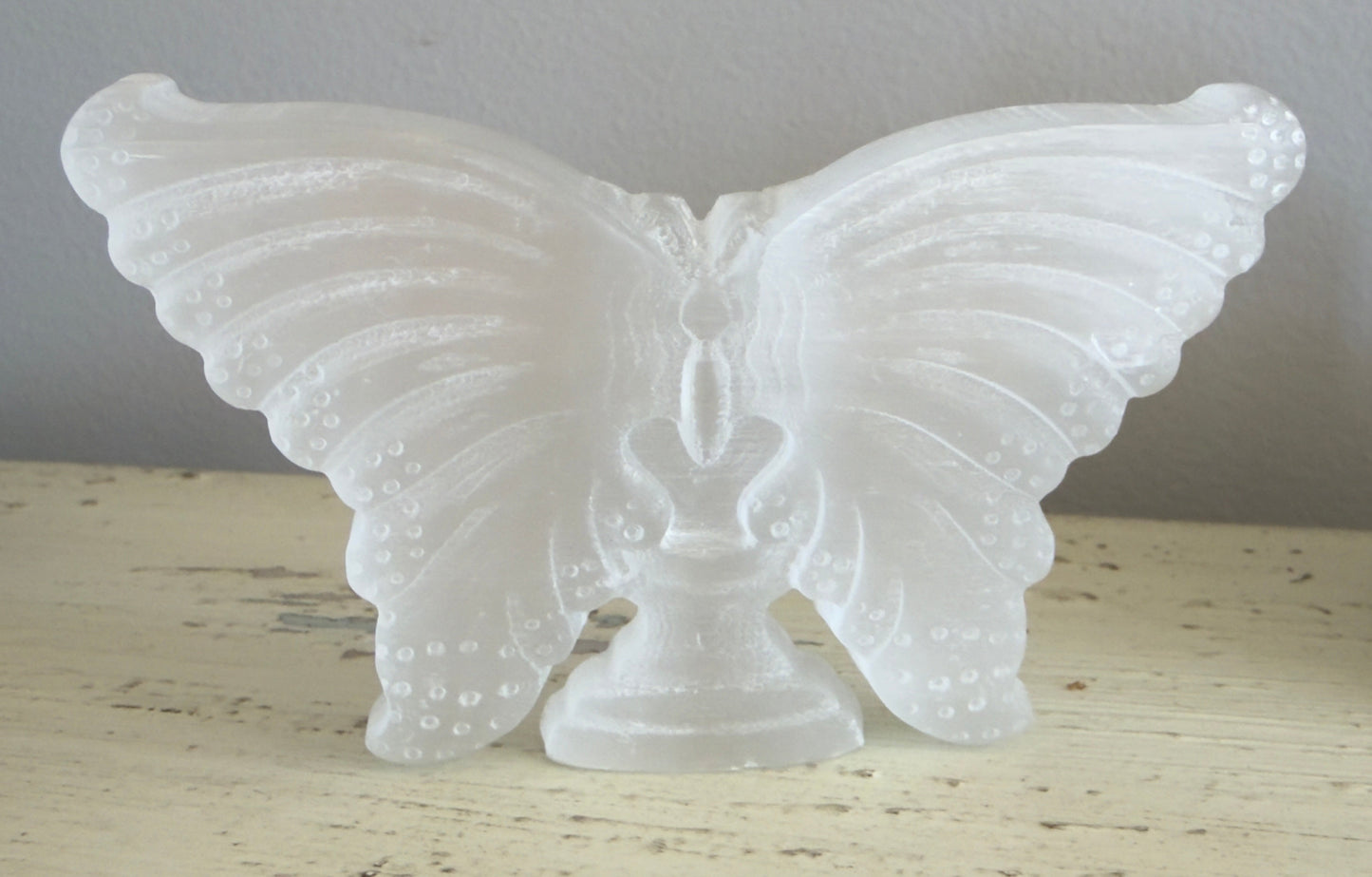 Satin Spar hand carved butterfly crystal front view