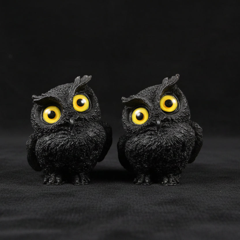 two matte finish rough textured orgonite owls. filled with black obsidian chips 