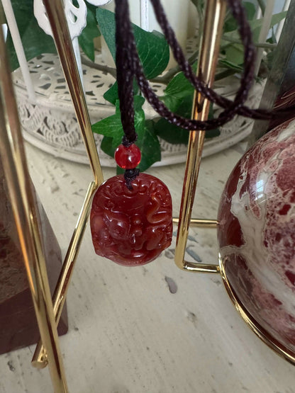 Red gemstone pendant with brown cord necklace.
