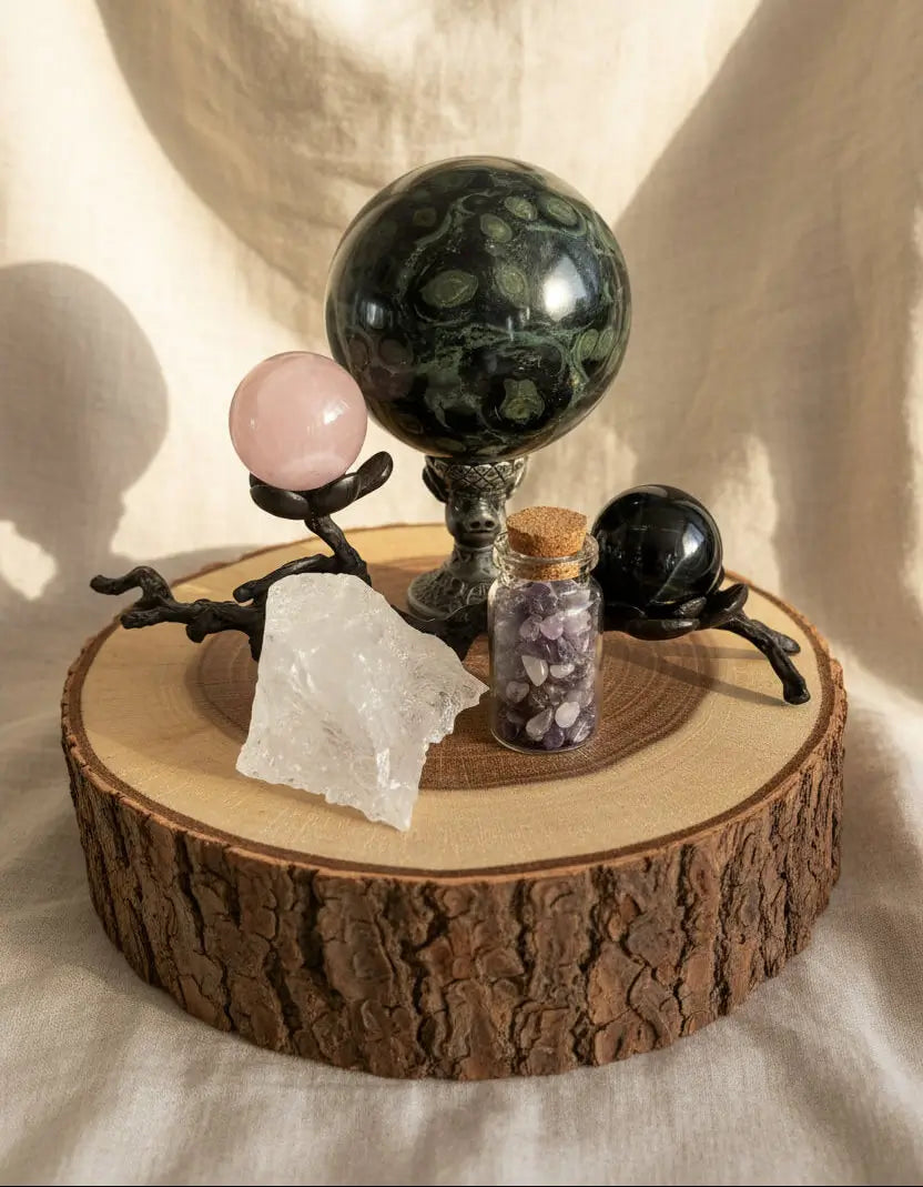 Kambaba Jasper Sphere, rose quartz and tiger’s eye spheres on a black stand, wish jar with amethyst chips, raw clear quartz specimen and the chinese symbol pig sphere stand represents wealth, prosperity and good fortune