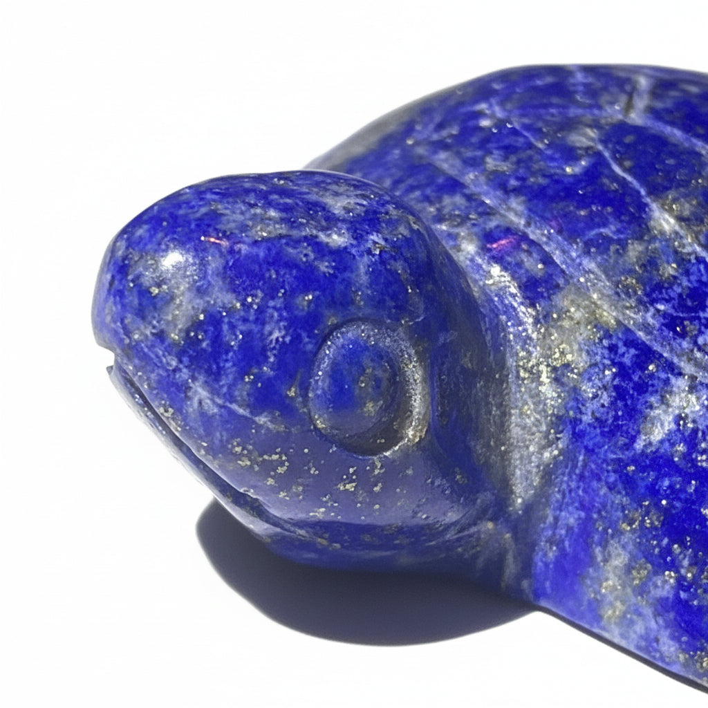 A carved lapis lazuli crystal turtle figurine with deep blue and black marbling, resting on a gray textured surface.