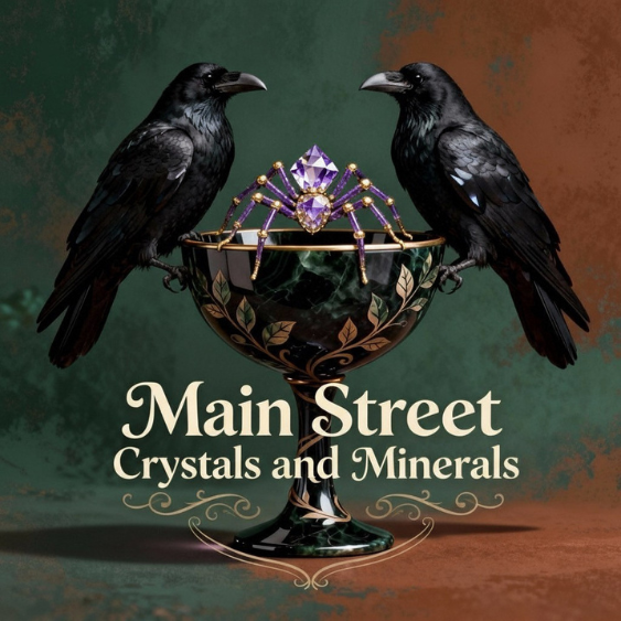 Two black crows perched on a decorative bowl with a purple crystal, against a gradient background. 'Main Street Crystals and Minerals' text is displayed.