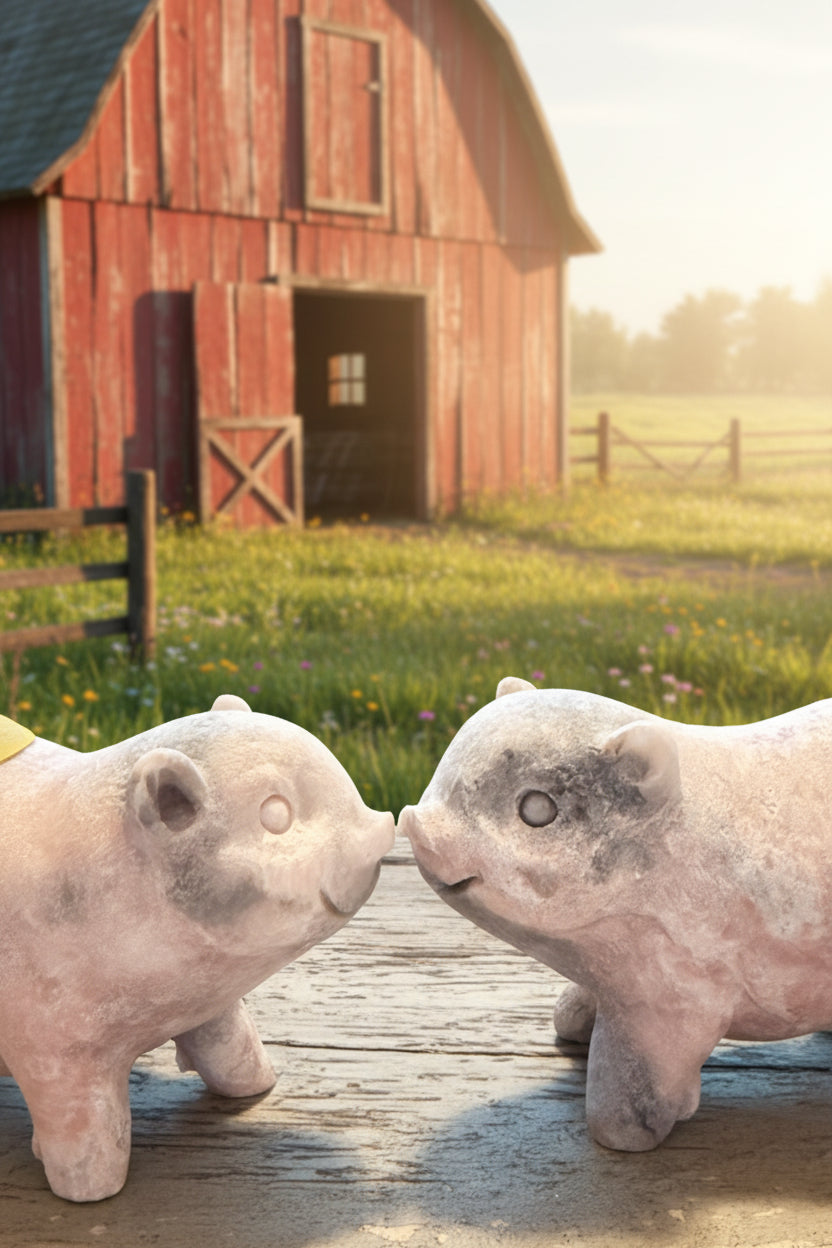 Cute Close up mangano (Pink Calcite) hand carved pigs beautiful pinks, gray 