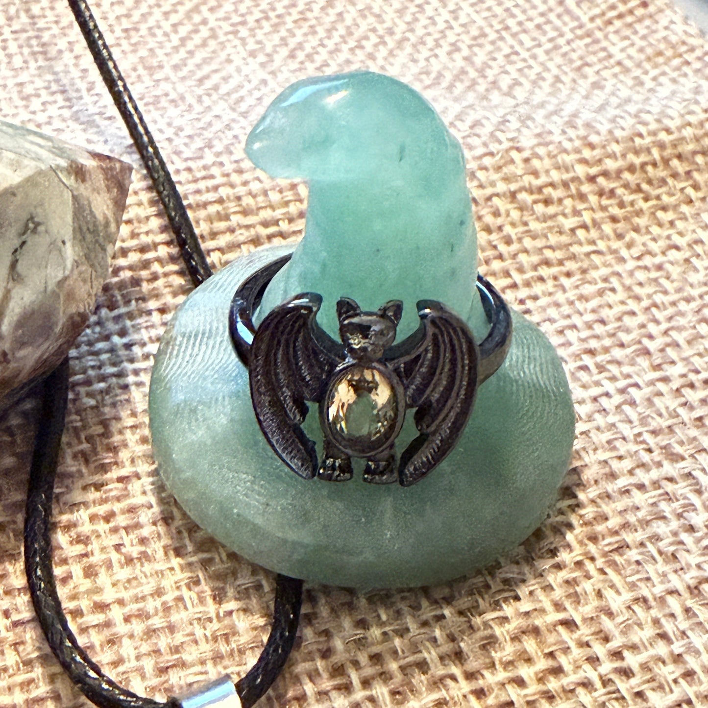 Green Aventurine carved witch hat with citrine bat ring 