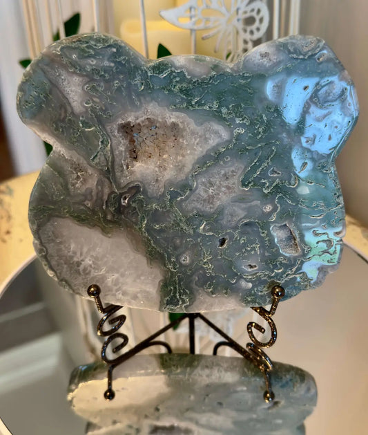 Moss Agate bear shaped druzy slab crystal front view shows Druzy pockets and moss agate organic greens