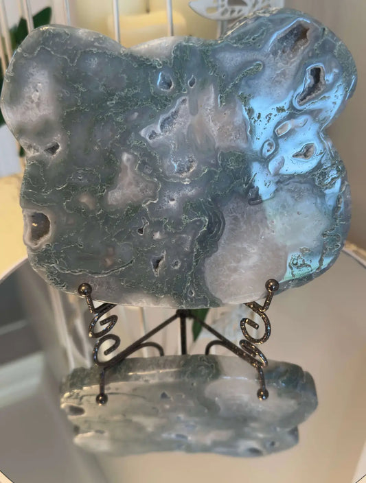 Moss Agate bear shaped druzy slab crystal side view