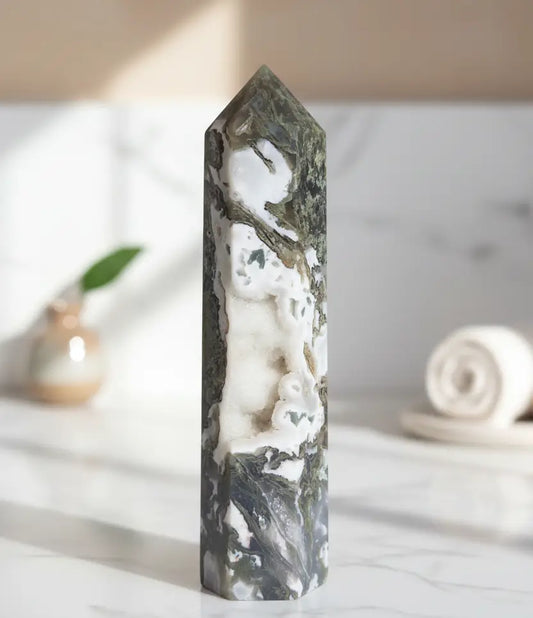 Moss Agate Druzy Tower - Heart Chakra Healing Crystal for Emotional Balance
