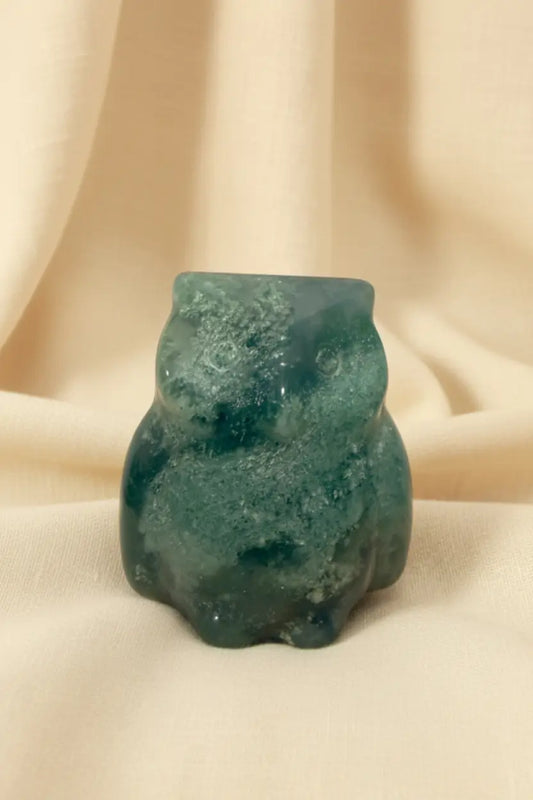 Moss Agate mini carved owl for intuition. pretty green