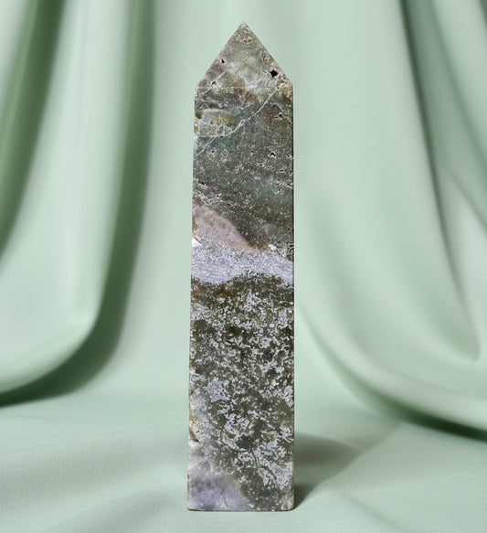 Beautiful multi color ocean jasper tower bright greens, dark greens some purple hues 