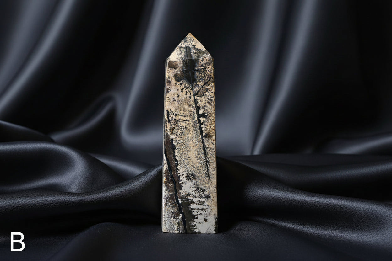 Close up of picture jasper tower with banding and dendritic inclusions pretty browns, earth tones 