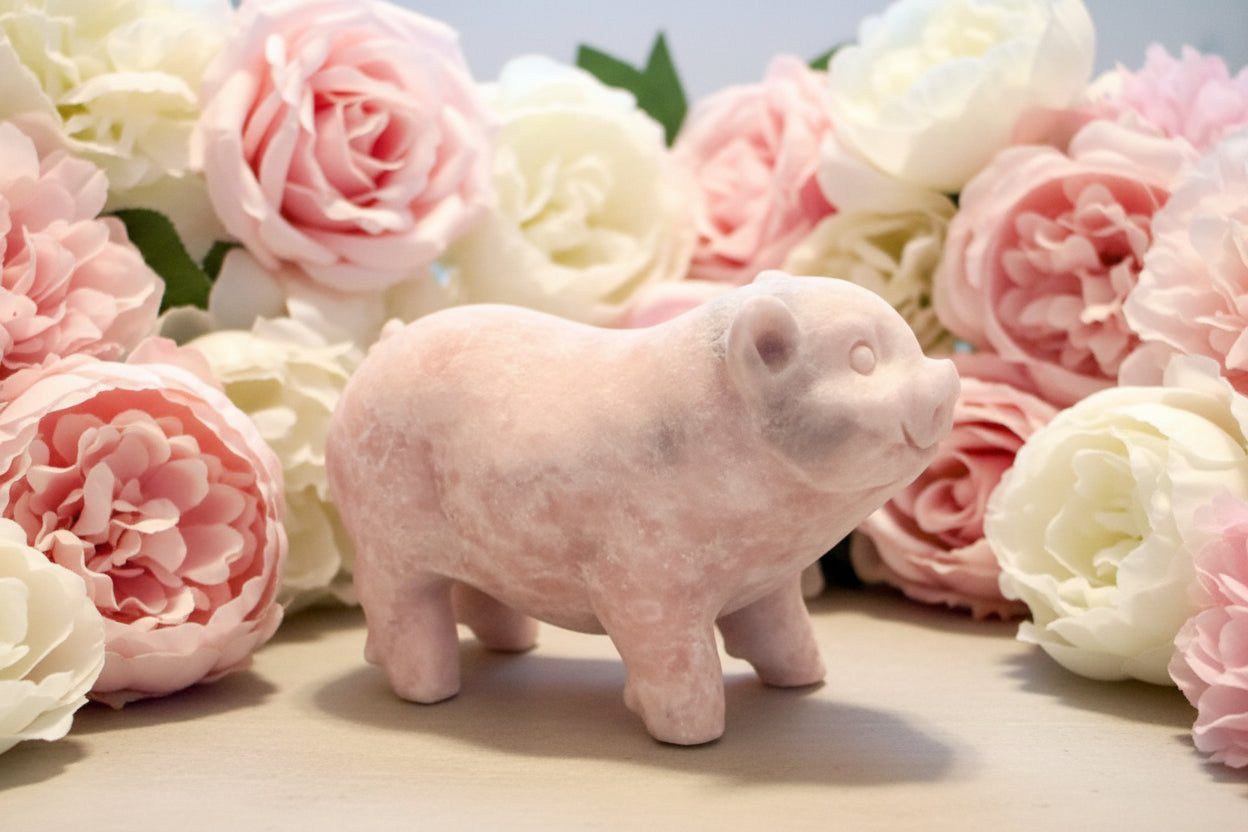 Cute carving of pig from pink calcite beautiful pinks and gray  face details with adorable ears, eyes snout and mouth 

