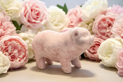 Cute carving of pig from pink calcite beautiful pinks and gray  face details with adorable ears, eyes snout and mouth 
