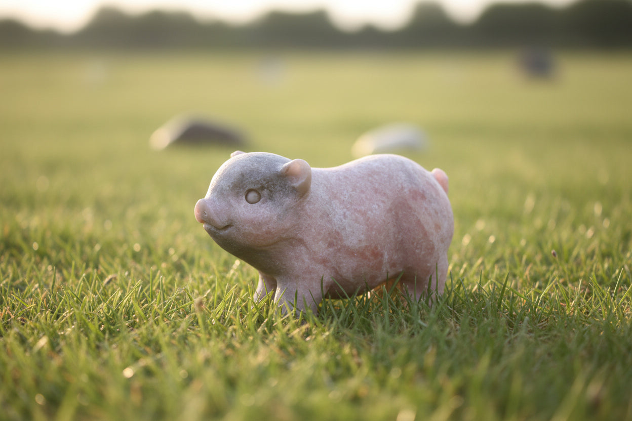 A small pig figurine carved from pink  calcite standing on a grassy surface beautiful soft pink and gray colors 