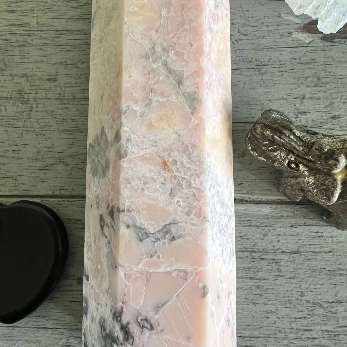 Pink Opal tower crystal set with Clear Quartz and accents