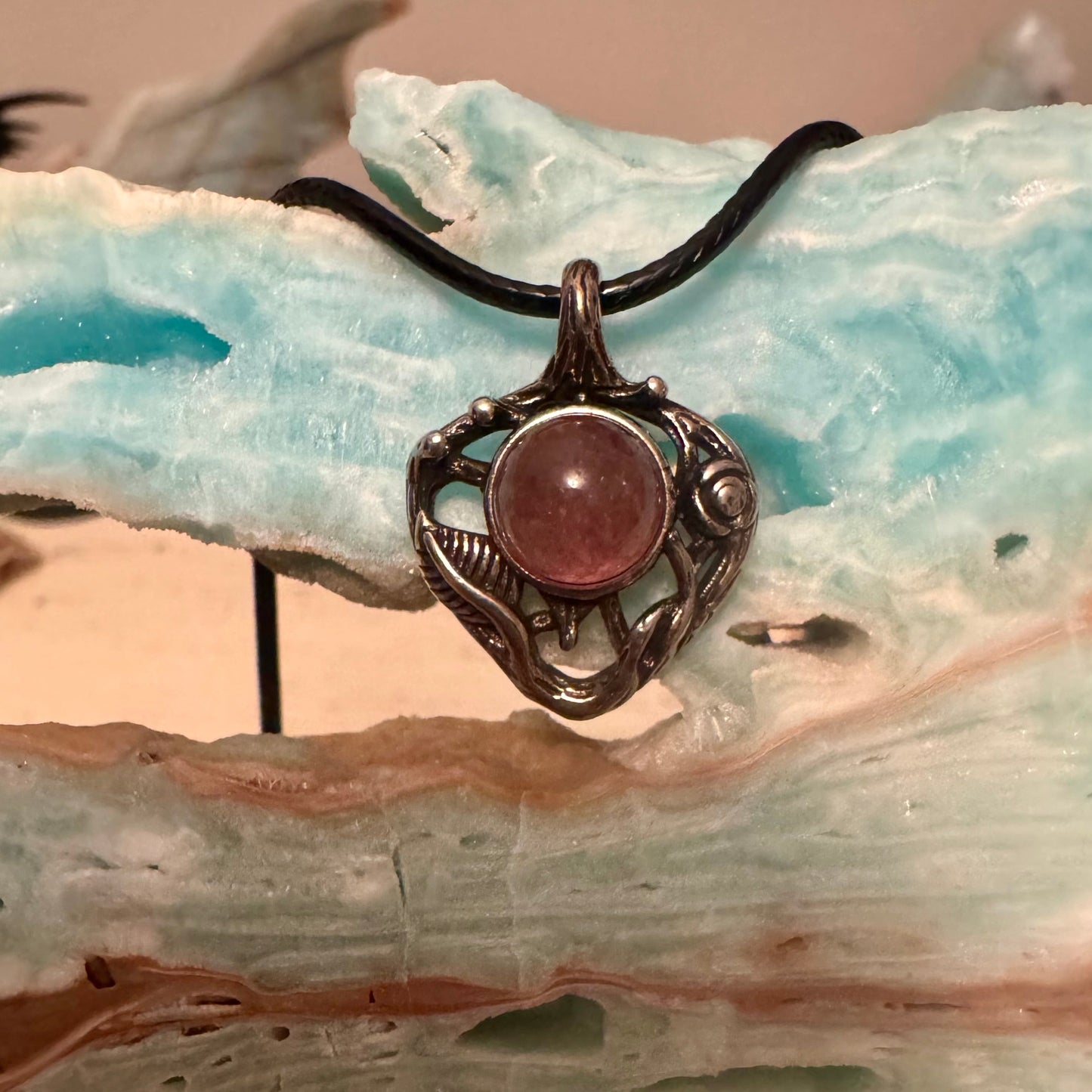 pink tourmaline Art Nouveau Teardrop Pendant with Round Cabochon 925 Silver 