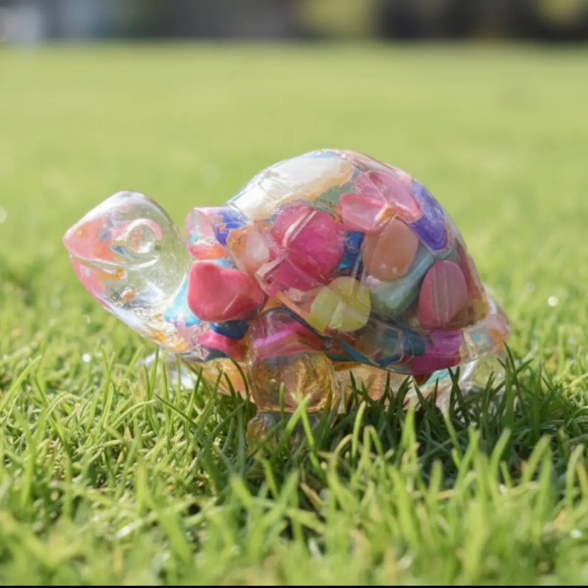 “Skittle” resin turtle rainbow colors dyed agate filled and sealed in resin with metal chips 