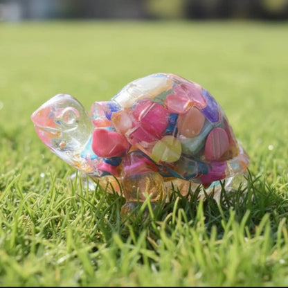“Skittle” resin turtle rainbow colors dyed agate filled and sealed in resin with metal chips 