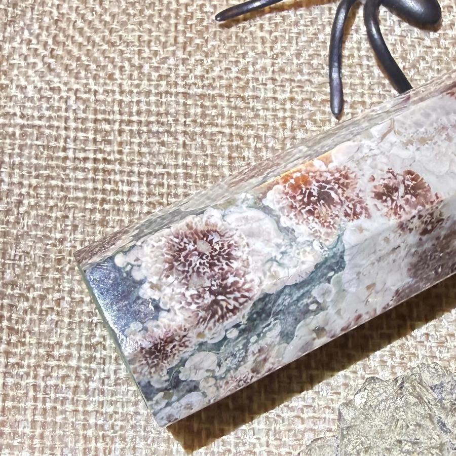 photo looking down at a green forest tower, black spider on a burlap tarot bag