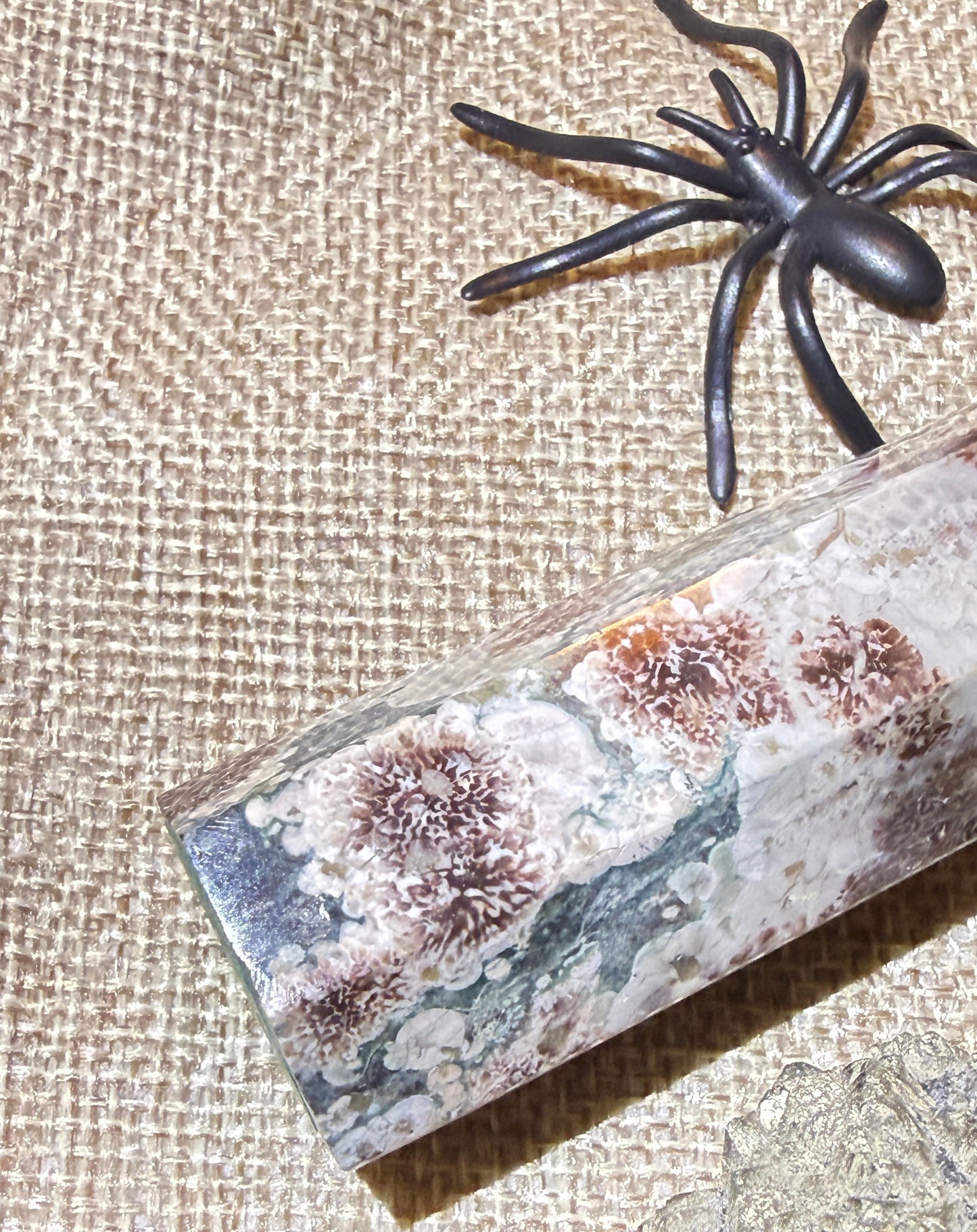 photo looking down at a green forest tower, black spider on a burlap tarot bag