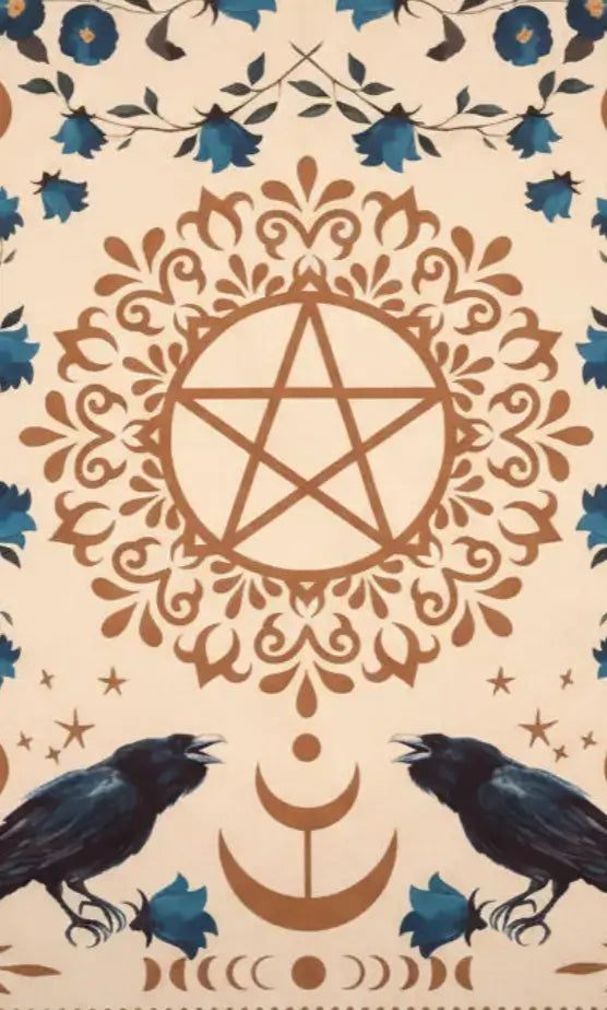 A decorative graphic featuring a central brown pentagram within an ornate circular frame, with two black crows at the bottom, blue flowers and leaves around the top edge, and brown moon phases near the lower center on a warm cream background.