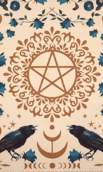 A decorative graphic featuring a central brown pentagram within an ornate circular frame, with two black crows at the bottom, blue flowers and leaves around the top edge, and brown moon phases near the lower center on a warm cream background.