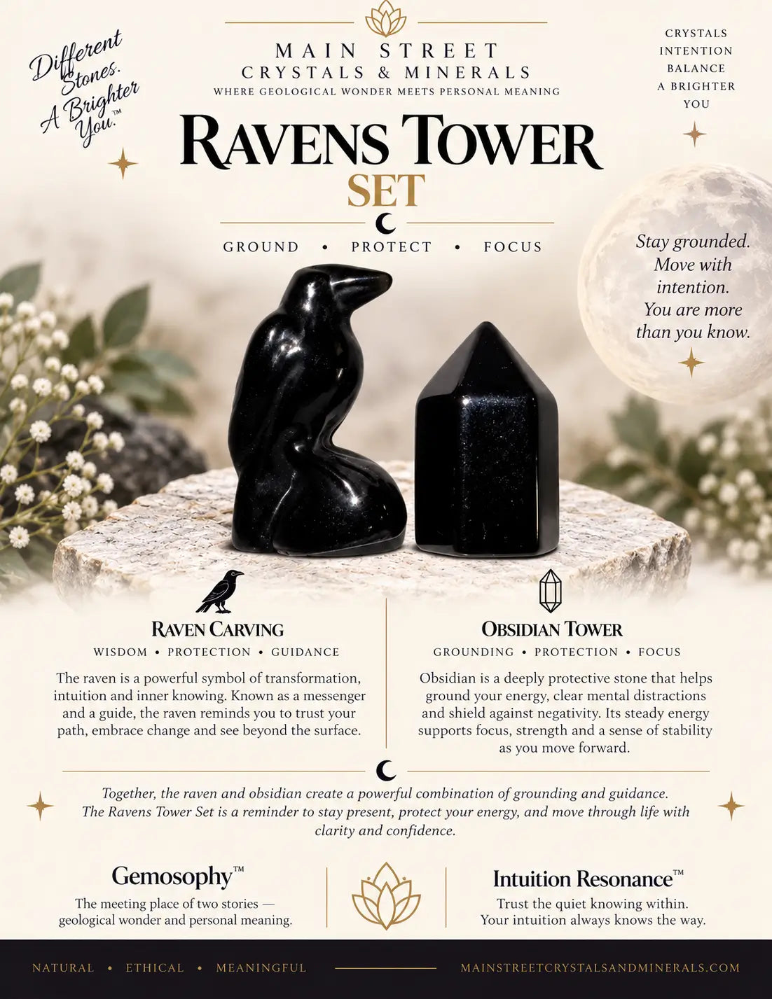 A square promotional graphic for the Main Street Crystals & Minerals Ravens Set, featuring a central black crystal tower flanked by gold-toned raven carvings and a white owl illustration. Text highlights meanings such as grounding, protection, focus, wisdom, and intuition resonance, with decorative floral and feather motifs around the layout.