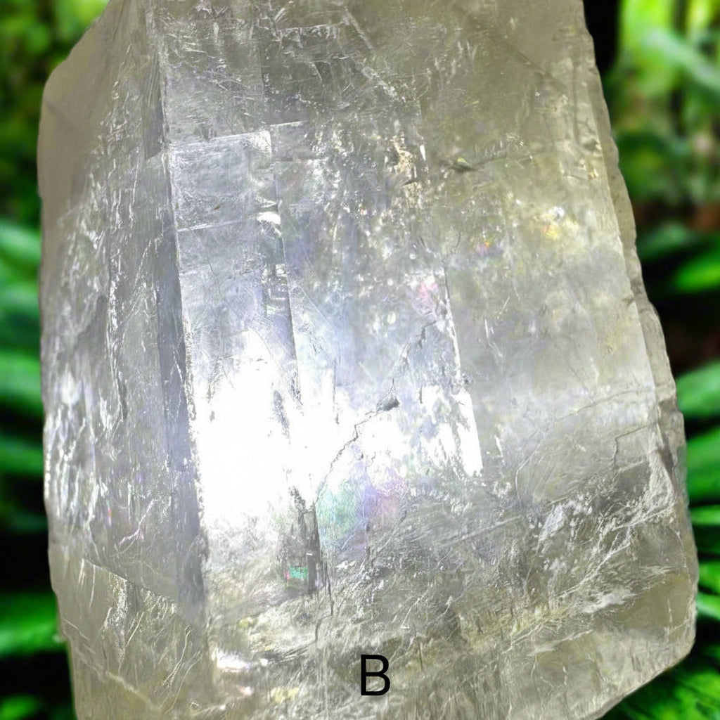 Large, translucent calcite crystal with internal iridescence against a blurred green foliage background.
