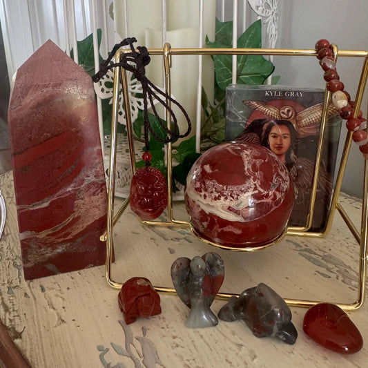 Red Jasper Brecciated 9 piece crystal set with tower and sphere