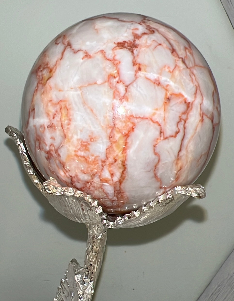Large Red Network Jasper sphere off white with orange veins 