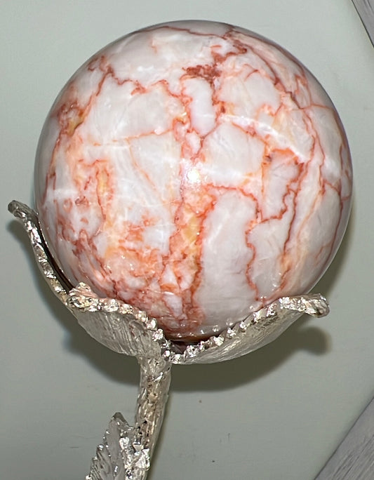Large Red Network Jasper sphere off white with orange veins 