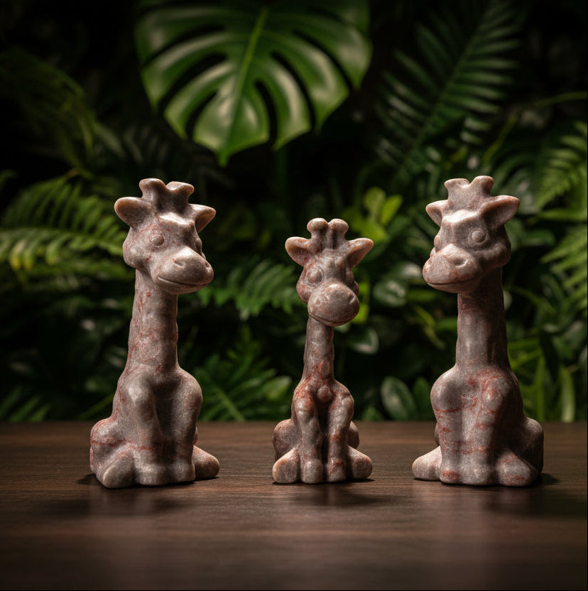 Slight side view close up of three giraffes hand carved from red vein jasper crystal bright pinks iron oxide pigments and off white  nice details smiles eyes 