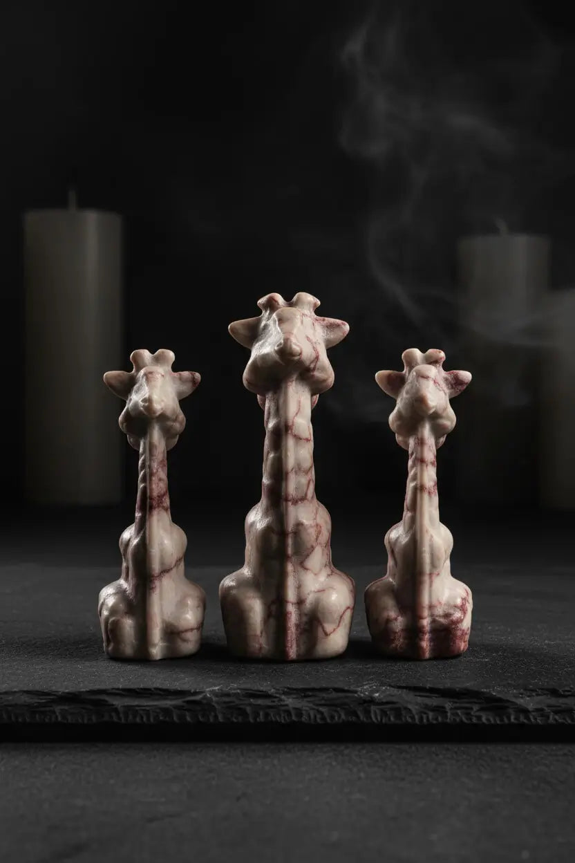 photo of three red vein jasper hand carved giraffes back side pretty dark pinks weave through the cream color jasper crysta