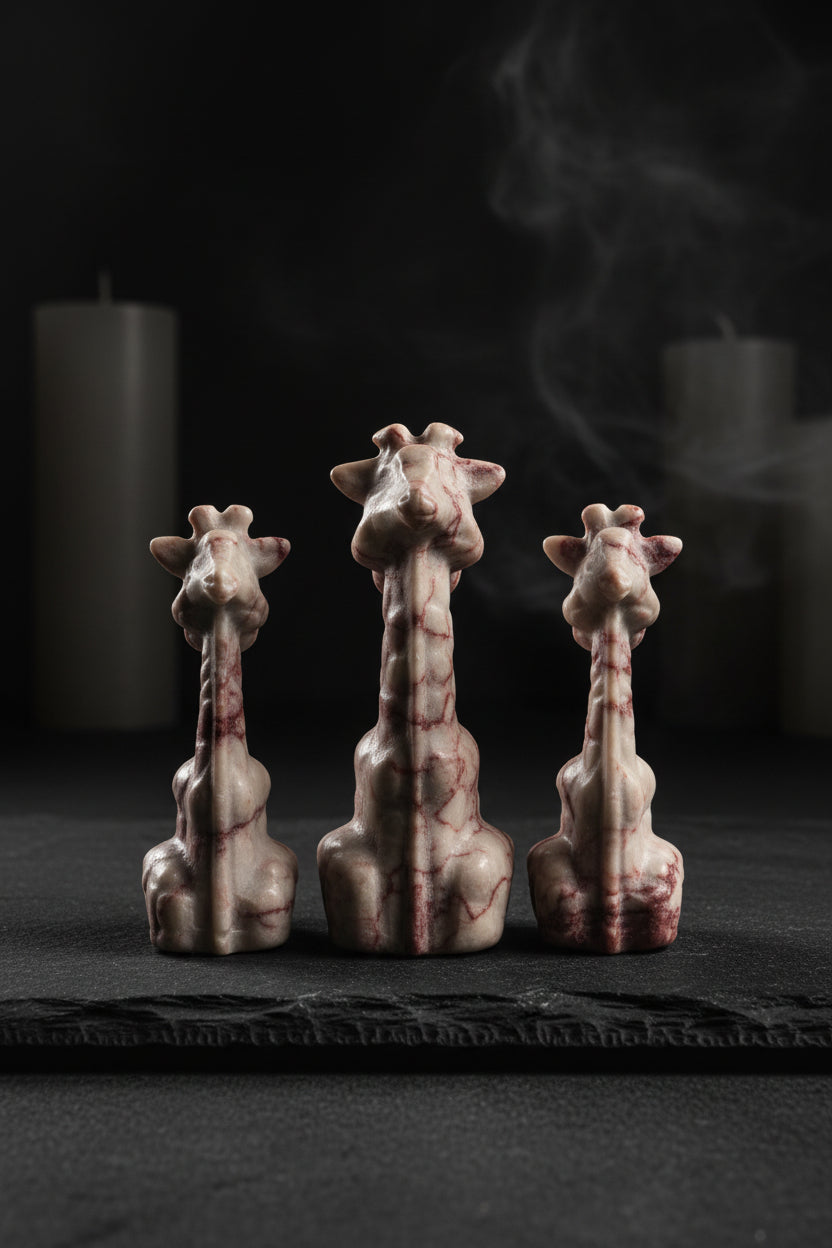 photo of three red vein jasper hand carved giraffes back side pretty dark pinks weave through the cream color jasper crysta