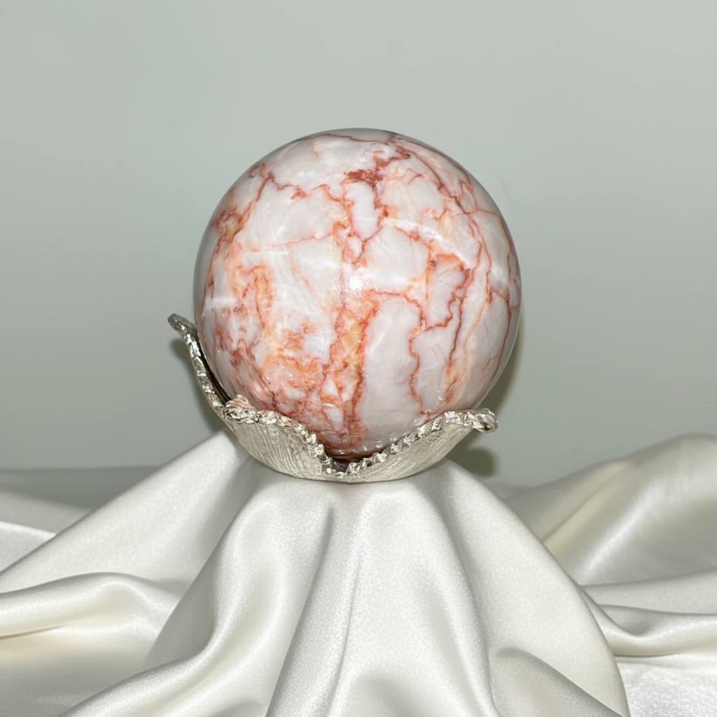 red vein jasper sphere in a silver sand off white fabric sphere is off white with red/orange veins  also known as network jasper 