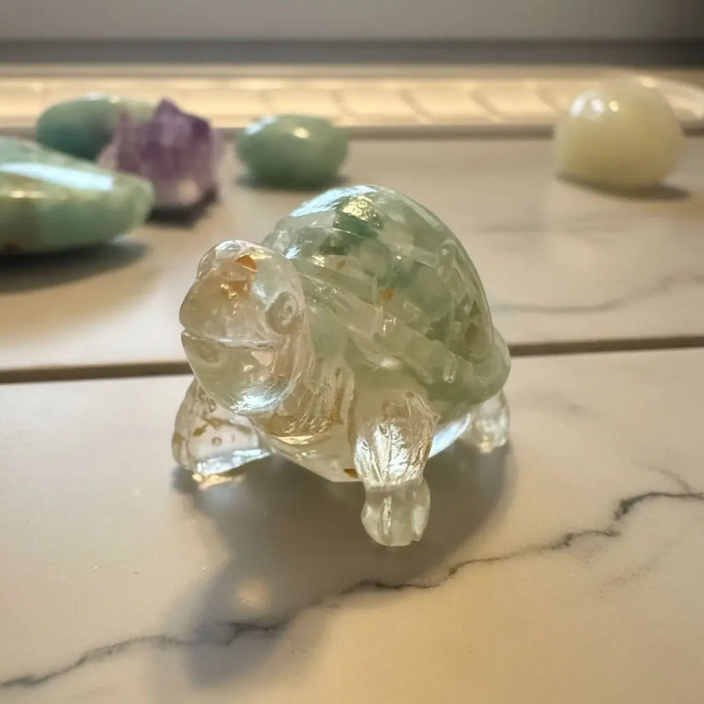 face of a orgone turtle  resin, filled with amazonite chips and copper EMF 