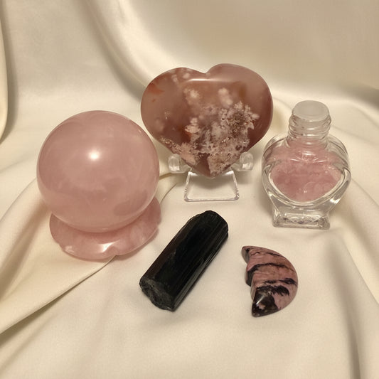 Beginners Love Set Rose quartz sphere, and sphere spinner/worry stone, black tourmaline, Rhodonite Crescent moon carving flower agate hand carved heart with stand glass heart shaped wish bottle filled with rose quartz chips 