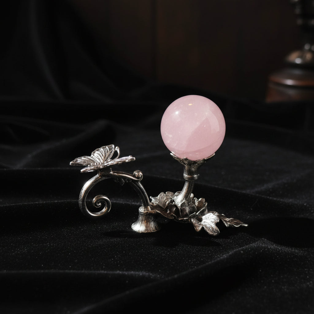 photo of rose quartz sphere on a butterfly stand