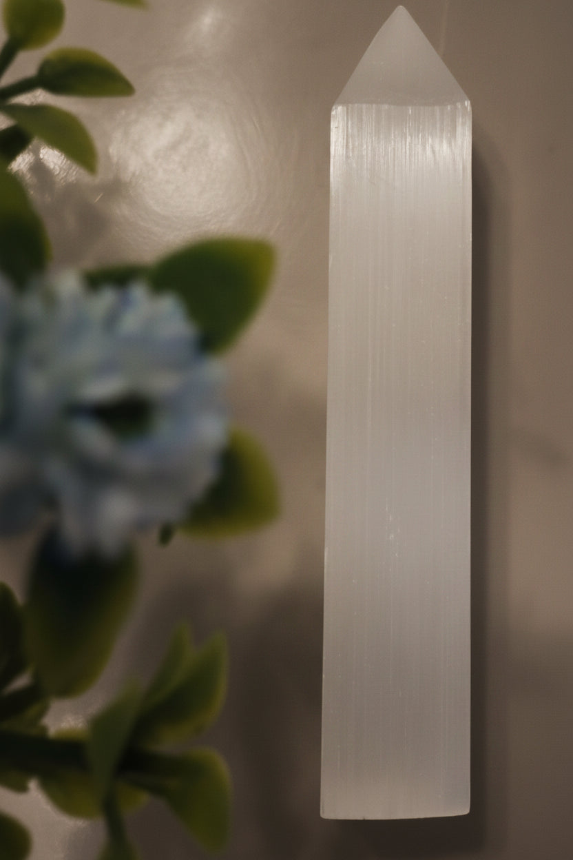 Satin Spar Selenite tower for cleansing and charging front view