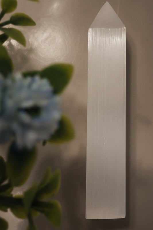 Satin Spar Selenite tower for cleansing and charging front view