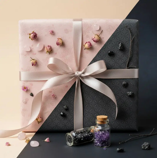 Crystal gift wrapping with blush pink and navy ribbon options