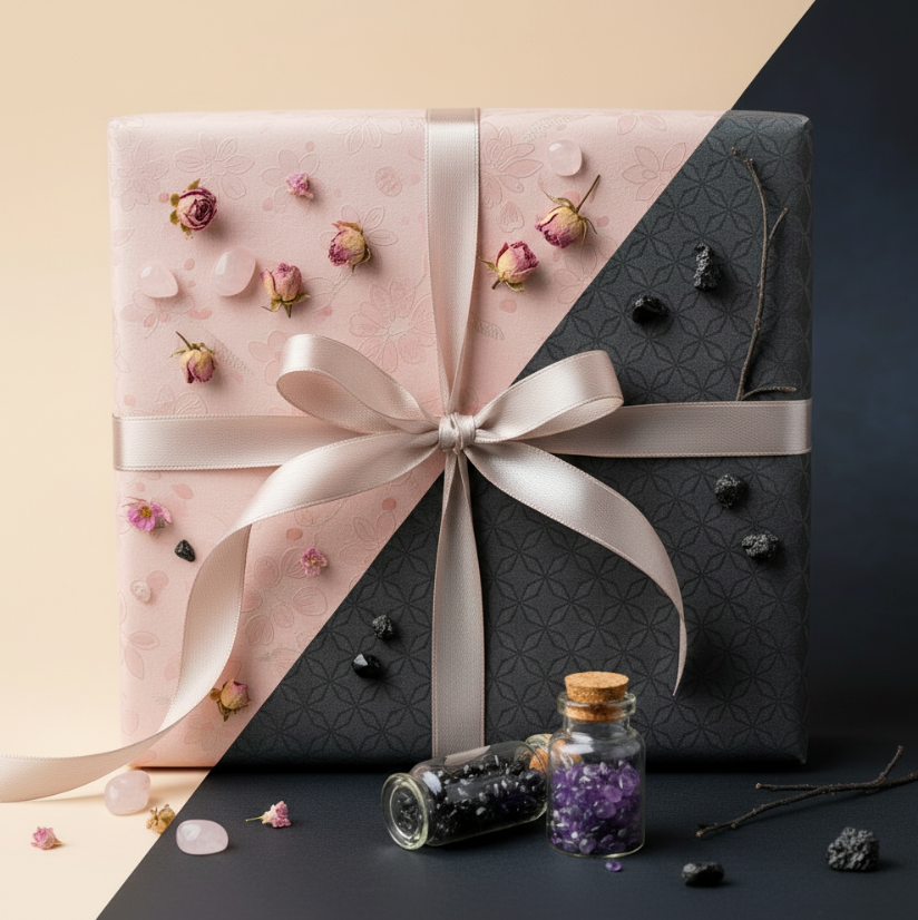 Crystal gift wrapping with blush pink and navy ribbon options