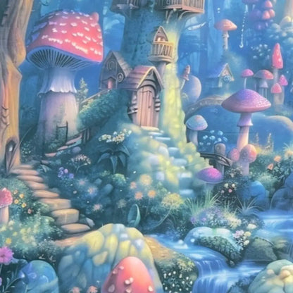 Faerie Glen Mushroom Village Altar Cloth with velvet forest design, 29 x 37 inches