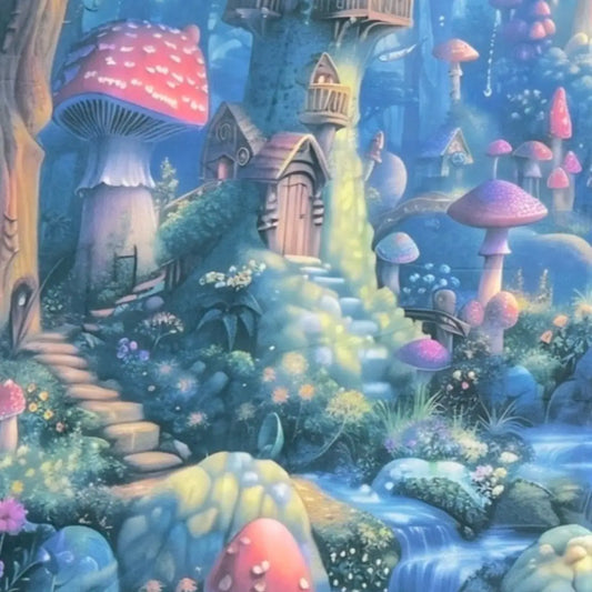 Faerie Glen Mushroom Village Altar Cloth with velvet forest design, 29 x 37 inches