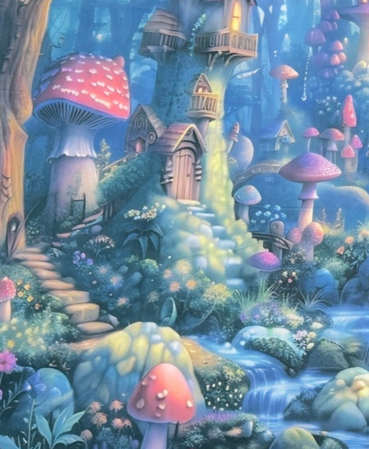 Faerie Glen Mushroom Village Altar Cloth with velvet forest design, 29 x 37 inches