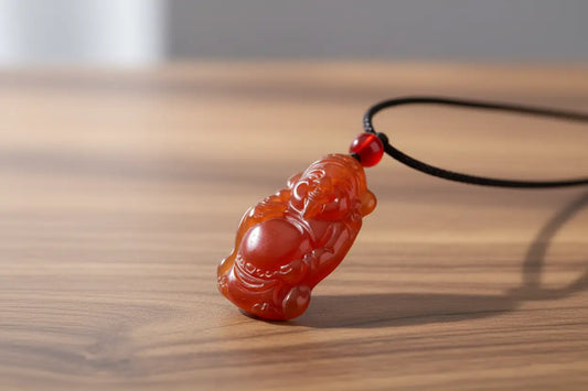 Red Carnelian Carved Buddha with bead and waxed cord sitting on a wood table