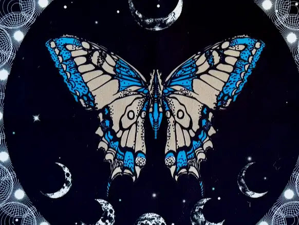 Blue butterfly moon phase altar cloth with celestial design