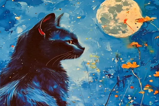 Blue moon cat and poppies altar cloth with celestial artwork
