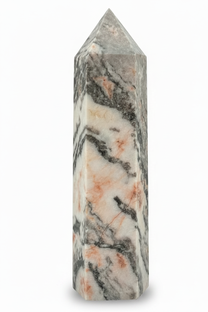 pink zebra marble crystal tower with pinks, greens and off white 